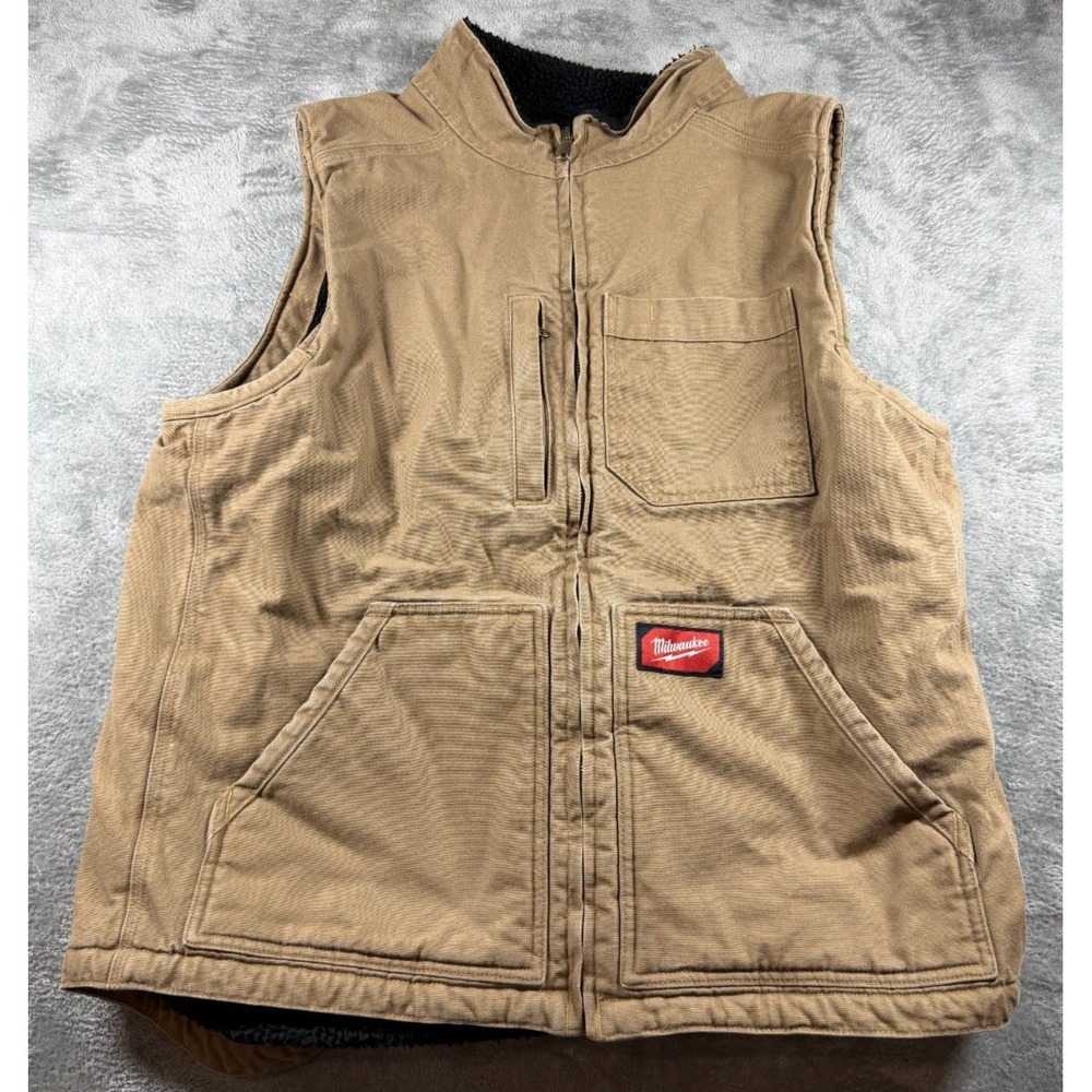 Milwaukee Gridiron Vest Mens XL Tan Canvas Sherpa Lined Workwear Utility